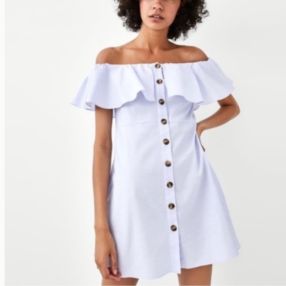 ZARA Off Shoulder Ruffled Button Down Mini Dress - Picture 2 of 6